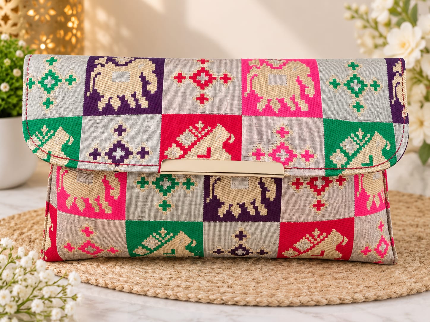 Traditional Pethani Patchwork Clutch Bag – Multicolour Ethnic Handcrafted Purse