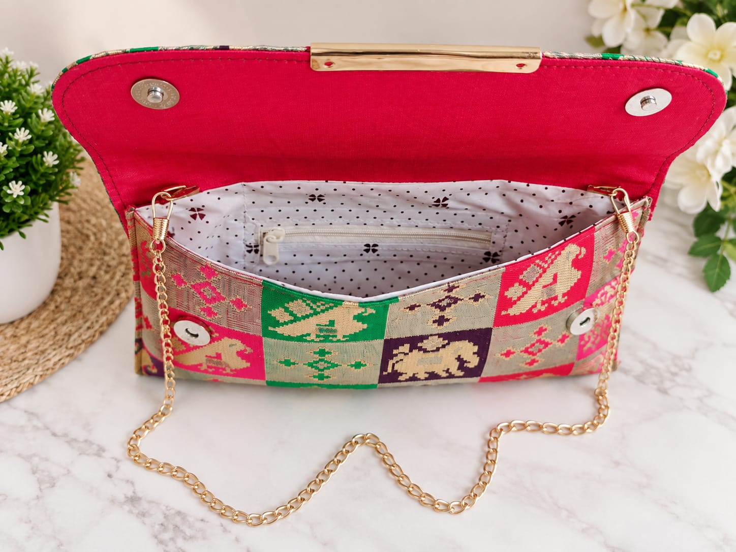 Traditional Pethani Patchwork Clutch Bag – Multicolour Ethnic Handcrafted Purse - Image 2