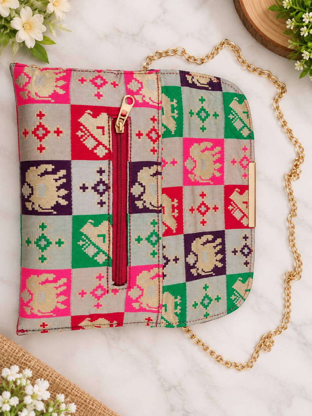 Traditional Pethani Patchwork Clutch Bag – Multicolour Ethnic Handcrafted Purse - Image 3