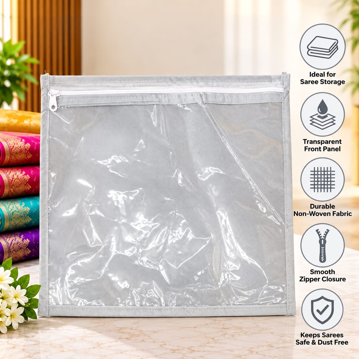 Premium Saree Storage Cover with Transparent Window & Zipper - Image 4